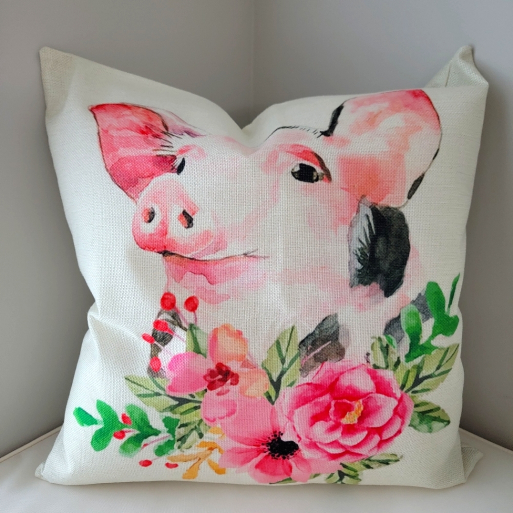 Farmhouse Decor Pig Design Floral Pig Print Throw Pillow cover